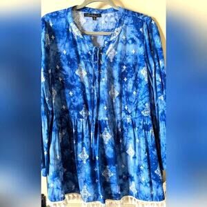 CALESSA Boho Tunic Blouse Womens Size Medium Blue/White Fringe NWT